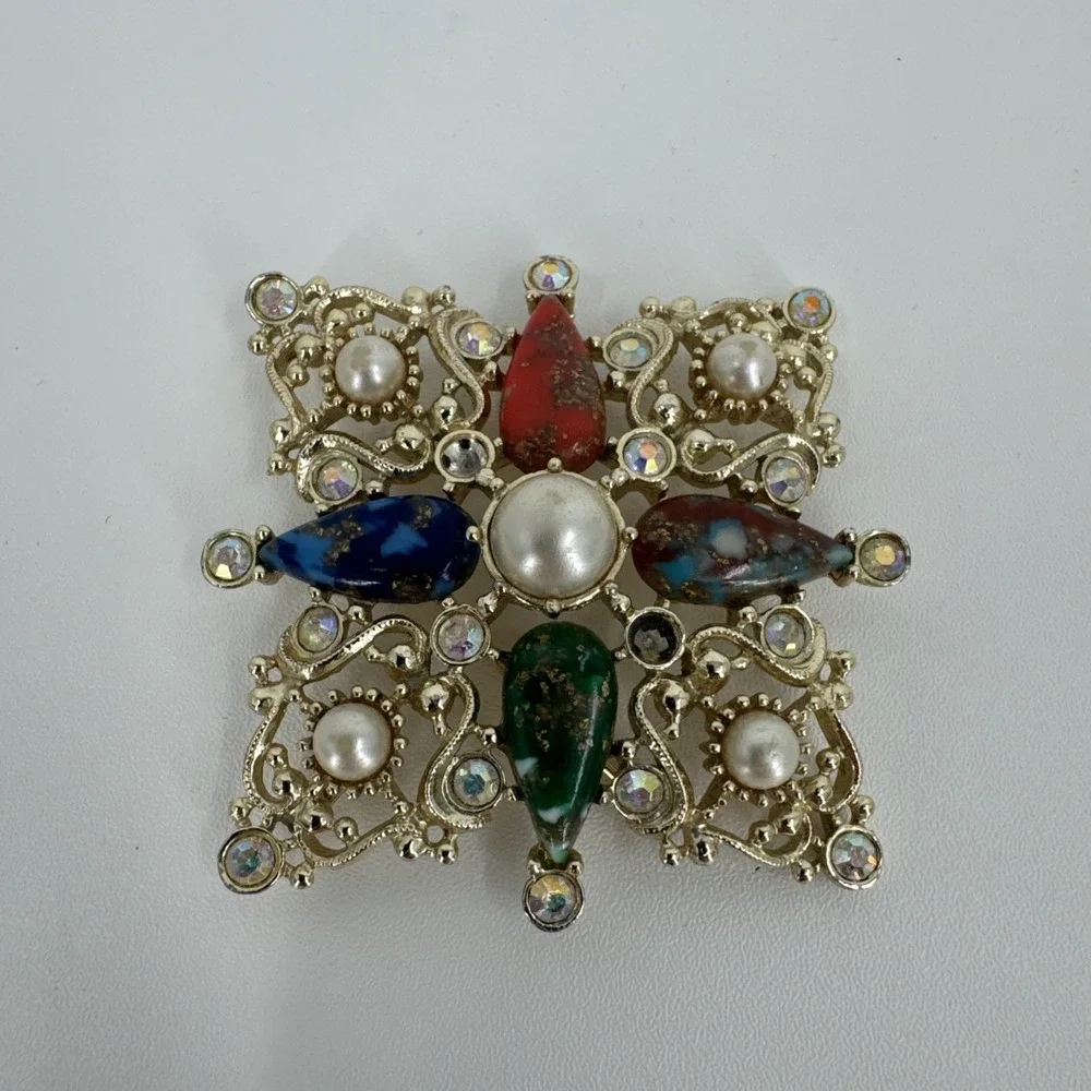 Sarah Coventry Galaxy Pin Pendant‎ AB Rhinestone Faux Pearl Gold Tone Brooch